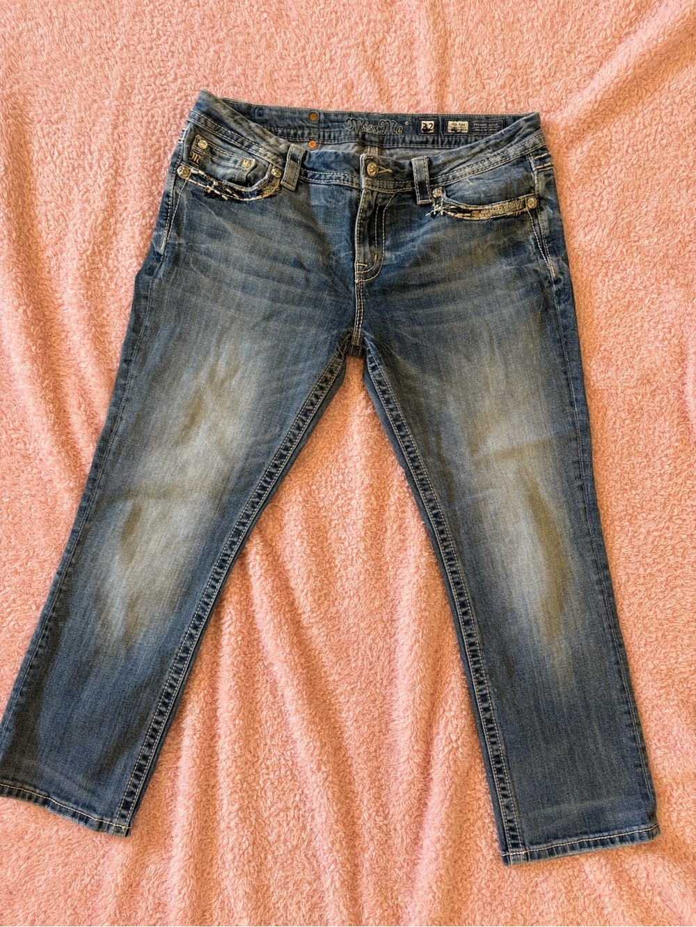 Miss Me Blue Washed Bling Mid Rise Easy Cropped Jeans